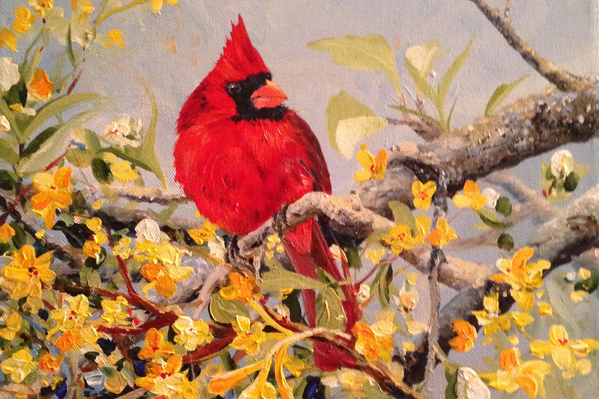 nature painting in acrylic of cardinal on branch with yellow blooms