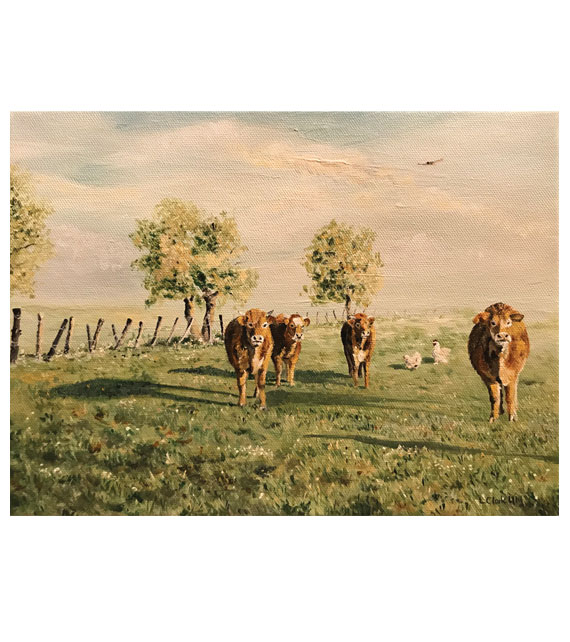 acrylic on canvas of brown cows and chickens in a country field