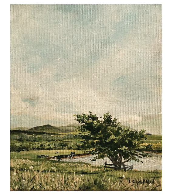 acrylic on of cows grazing by a pond in the countryside