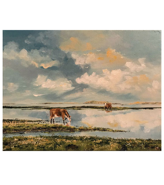 acrylic painting of two cows getting a drink of water