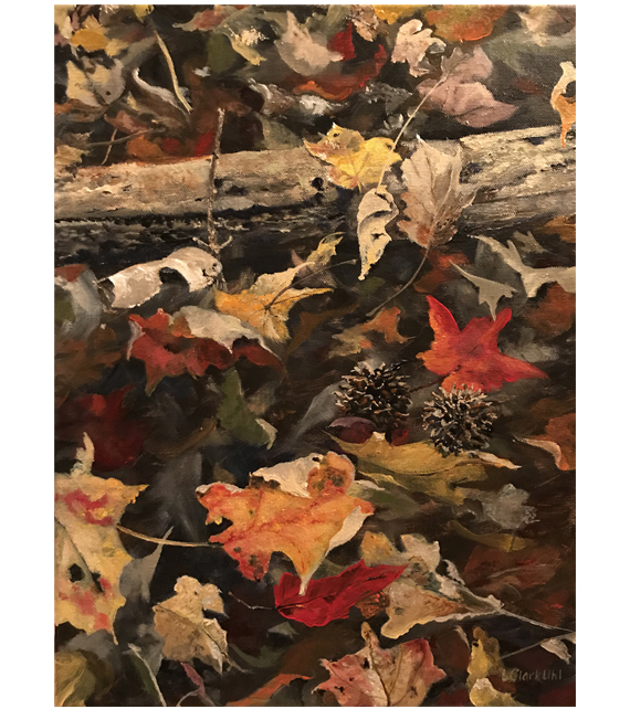 acrylic on canvas of fall leaves on the ground