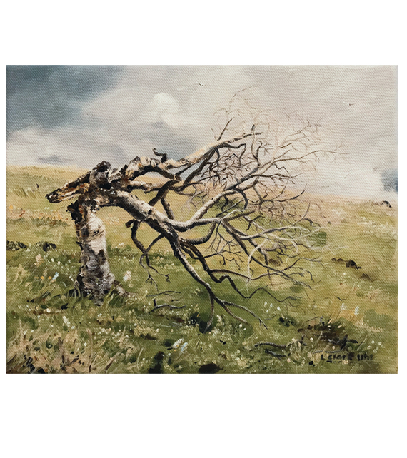 acrylic on of an old tree fallen on a hillside in the country