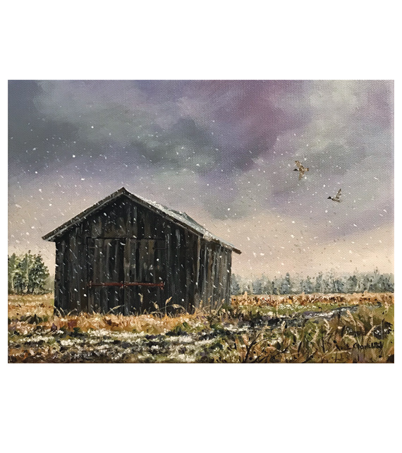acrylic painting on canvas of an old barn during the first snow of winter