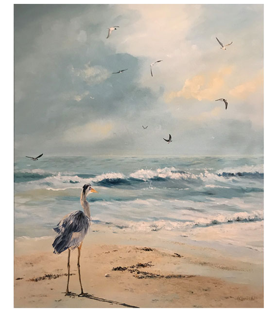 acrylic on canvas of a great blue heron on the beach in North Carolina