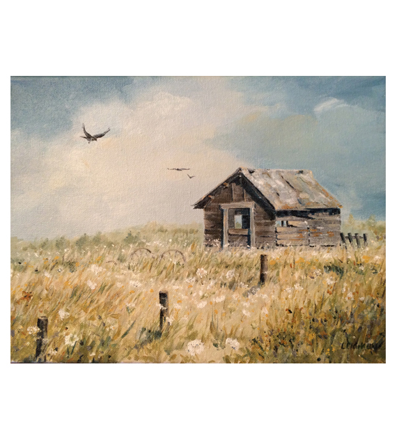 painting by Linda Clark Uhl of an old barn in a field with Queen Anne's Lace