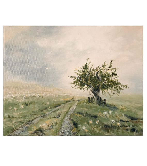Acrylic painting of an old tree along a country road