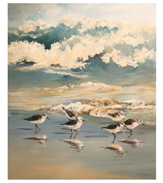 acrylic on canvas of sandpipers running on the beach