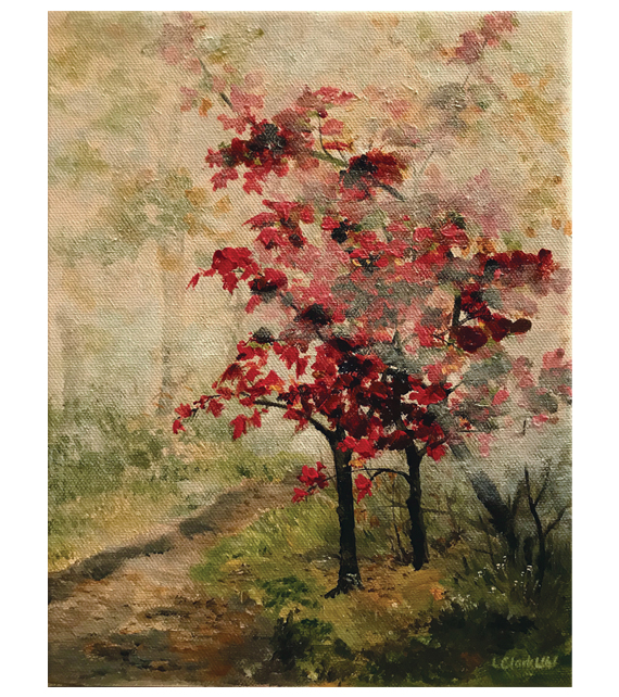 acrylic on canvas of the leaves changing colors in a foggy woods