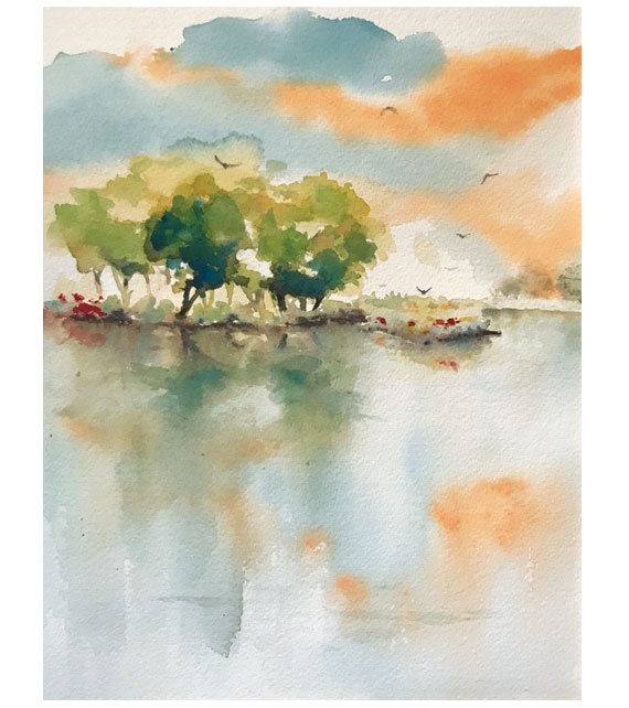 watercolor of country pond
