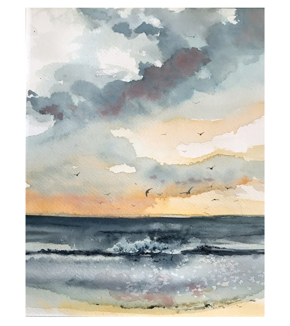 watercolor of terns flying at the beach
