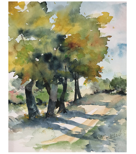 watercolor of trees lining a country road