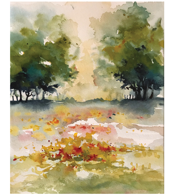 watercolor of an open field blooming