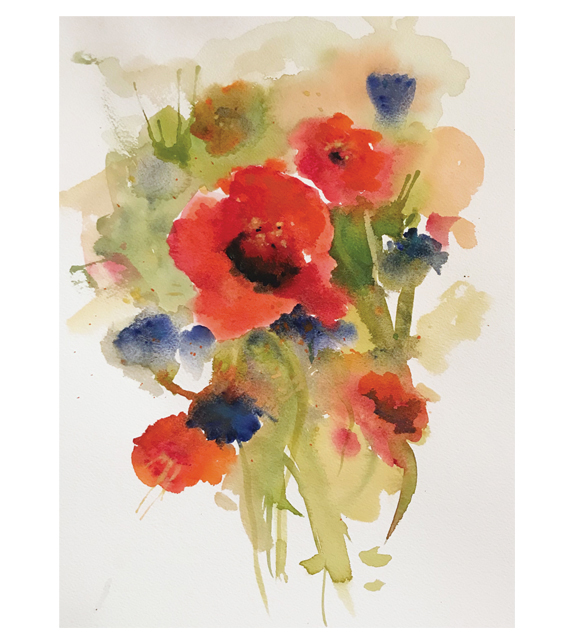 watercolor of blooming poppies and wildflowers