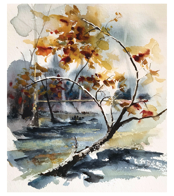 watercolor of a bent tree