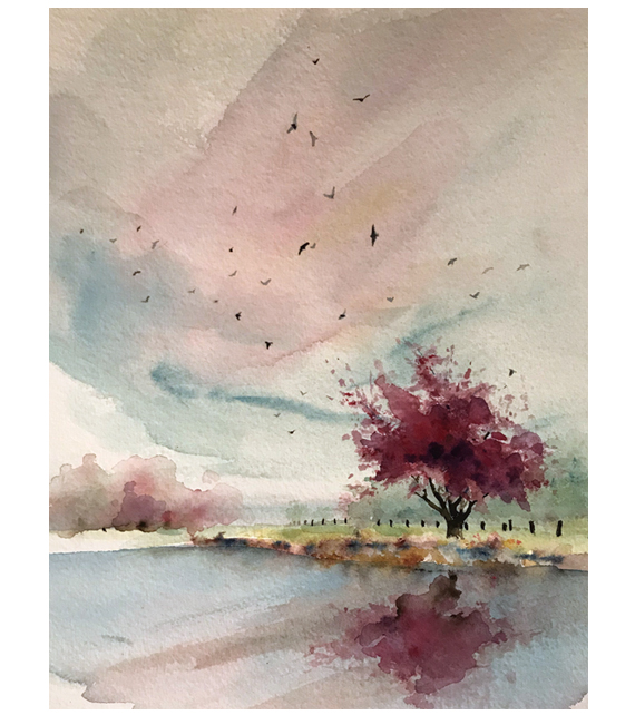 watercolor of redbuds blooming by pond