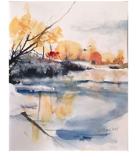 watercolor of a pond just starting to freeze forthe winter
