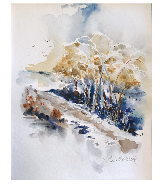 watercolor of winter trees with snow and ice