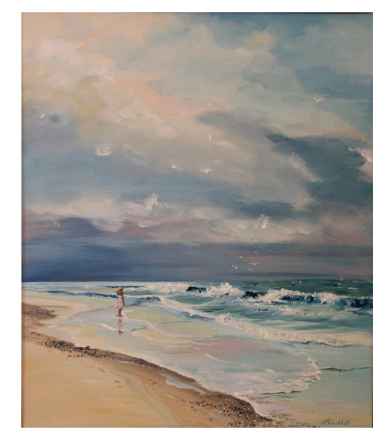 acrylic on canvas painting of woman at beach